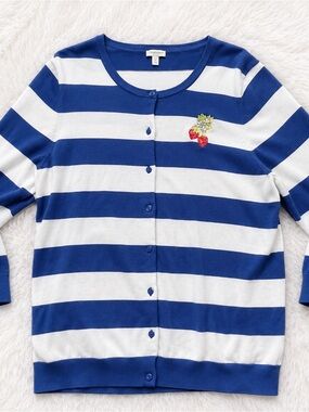 Talbots blue white striped cardigan with embroidered strawberry size XL ~ Kawaii